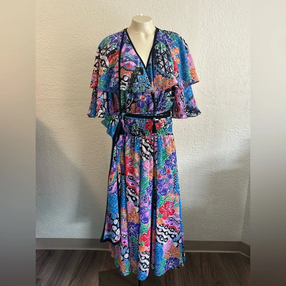 Diane Fres vtg Elegant Pink Blue Flutter Sleeves maxi dress SZ M/L ? As is
